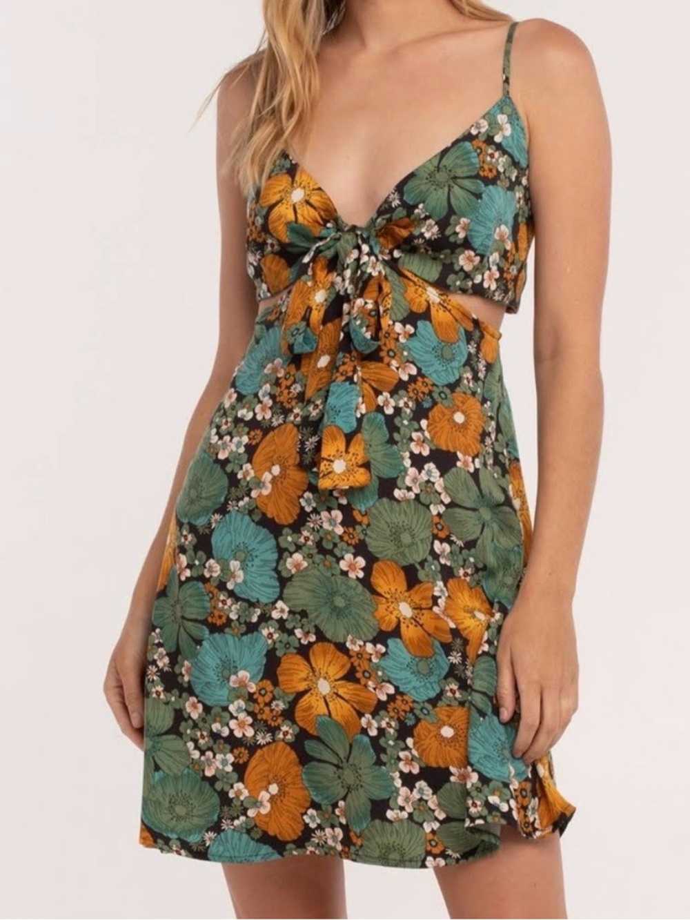 Volcom Floral Tie-Front Mini Dress in Teal, Mustard & Black